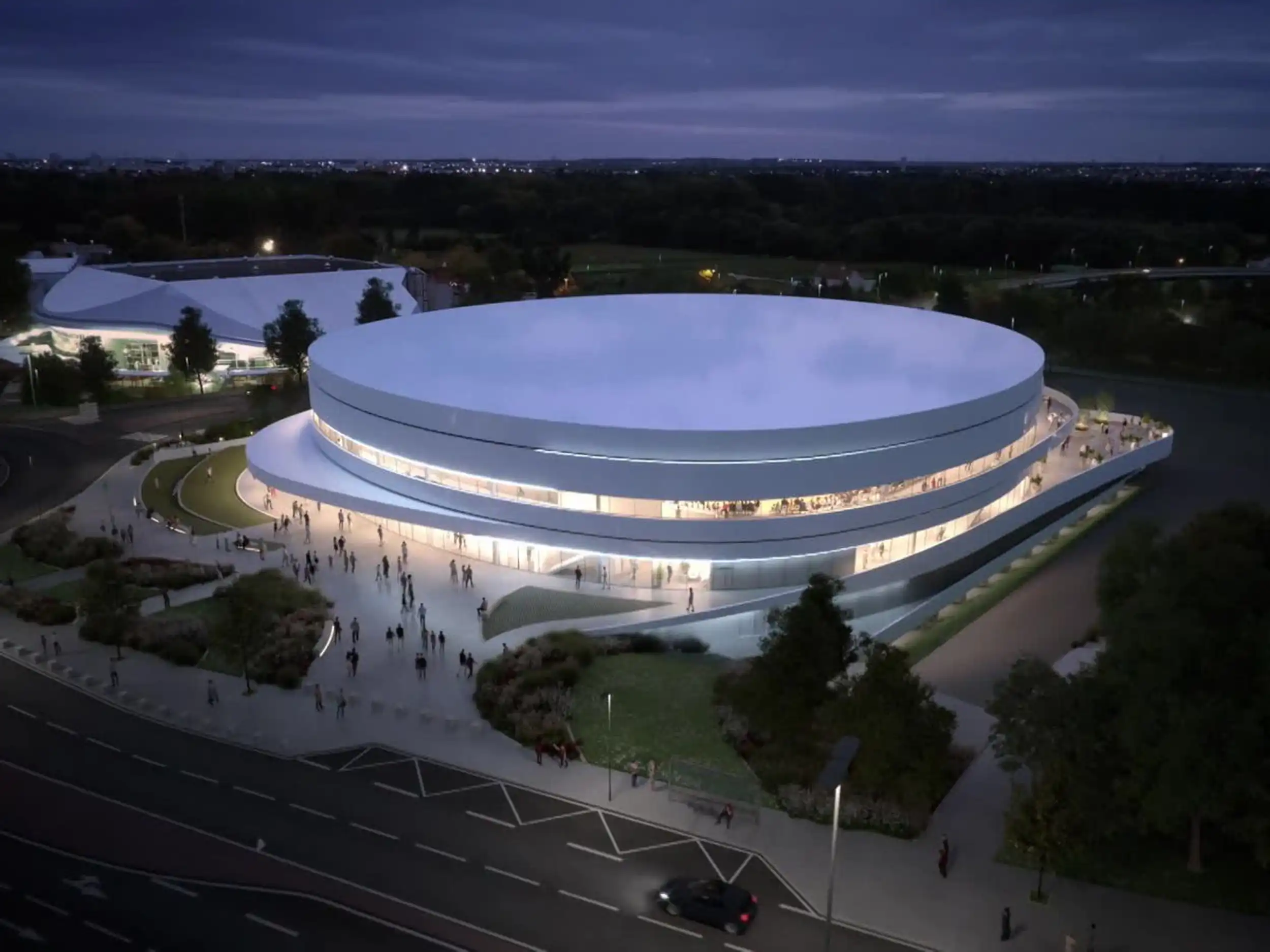 vue extérieure du nouveau palais des sports de Caende nuit
